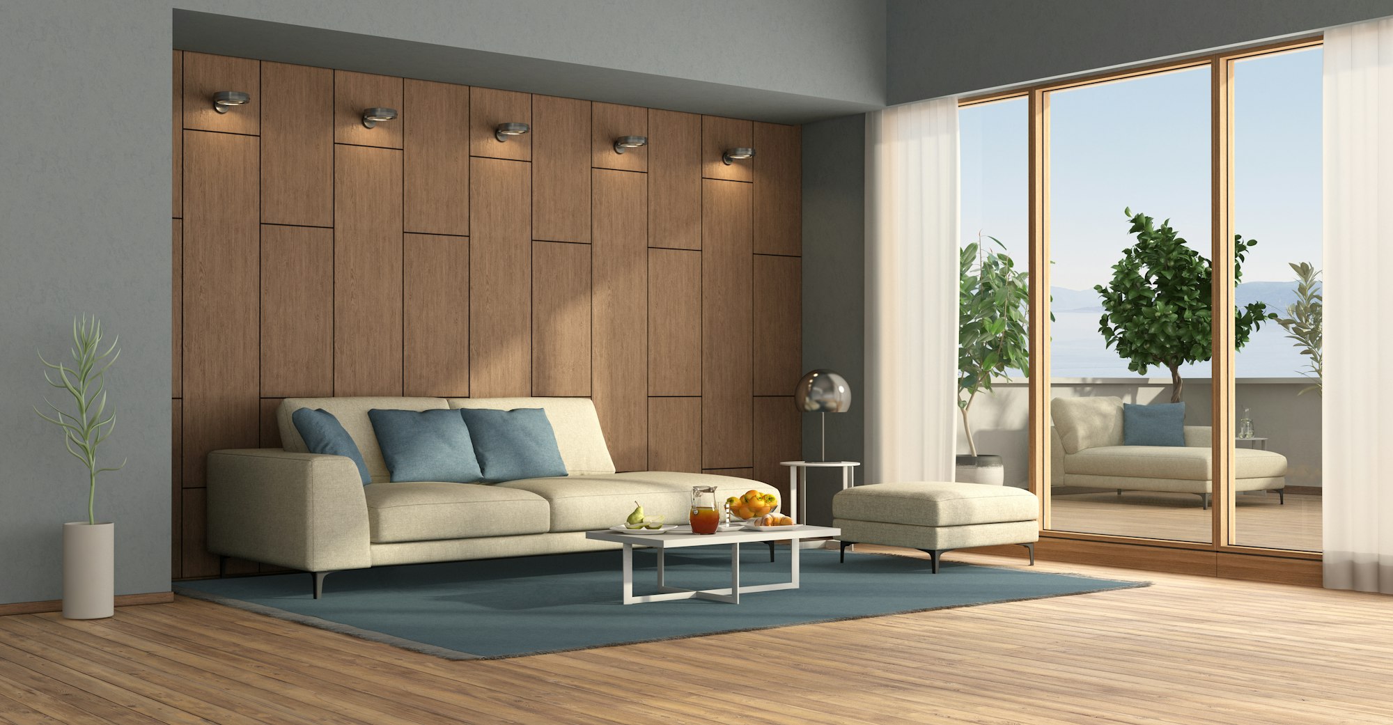 Modern living room with terrace overlooking the sea